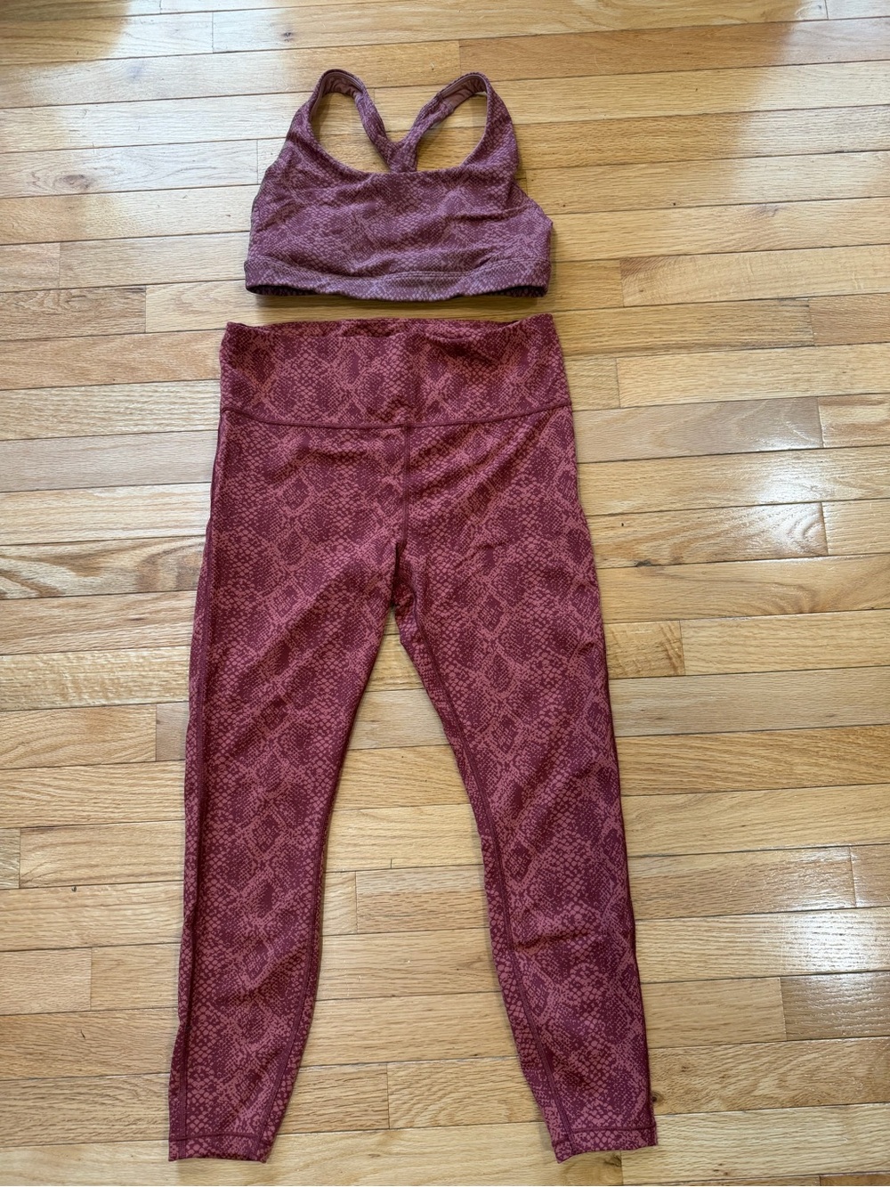 Athleta Rust-Pink Snake Print Bra and Leggings set (both Medium)